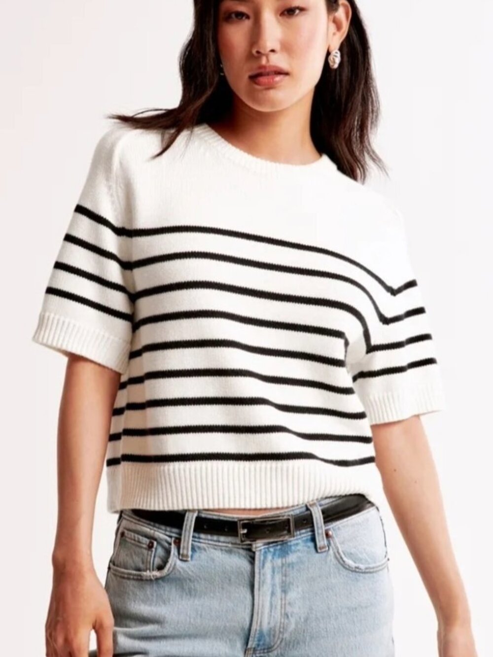 Abercrombie & Fitch Cream and Navy Striped Knit Tee